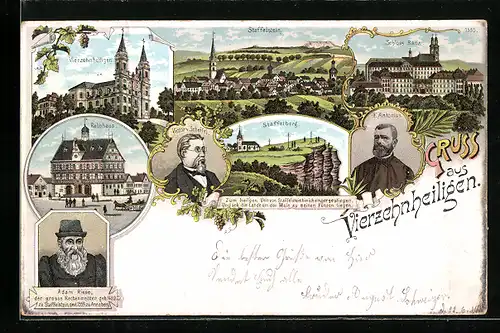 Lithographie Vierzehnheiligen, Schloss Banz, Rathaus, F.Antonius, Victor v. Scheffel und Adam Riese Portraits