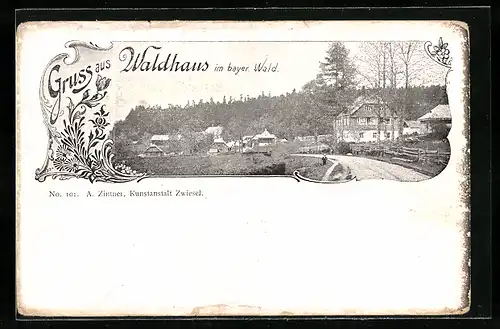 AK Waldhaus im bayer. Wald, Ortspartie mit Bürgerhäusern