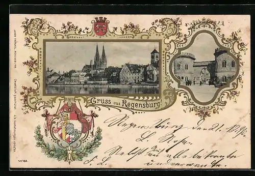 AK Regensburg, Blick auf Torbogen, Ortsansicht, Wappen