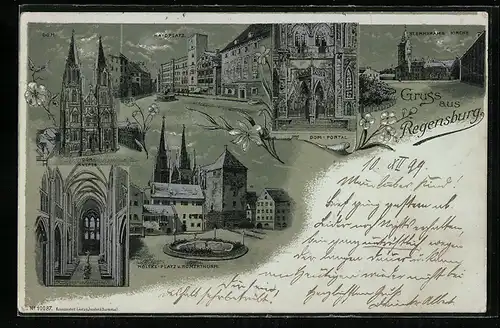 Lithographie Regensburg, Moltkplatz, Römerturm, Dom
