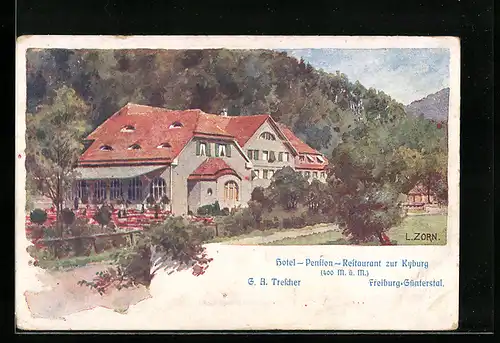 Künstler-AK Ludwig Zorn: Freiburg-Günterstal, Hotel-Pension-Restaurant zur Kyburg, G. A. Trescher