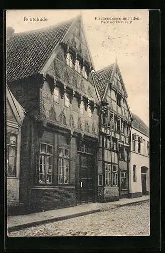 AK Buxtehude, Fischerstrasse mit alten Fachwerkhäusern