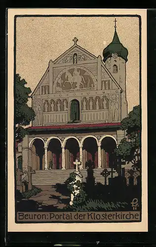 Steindruck-AK Beuron, Portal der Klosterkirche, Friedhof