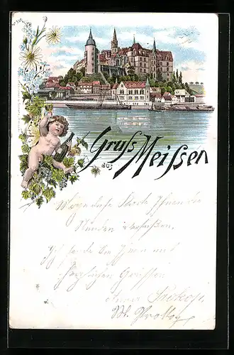 Lithographie Meissen, Ortsansicht mit Schiffen, Fee hält Wein