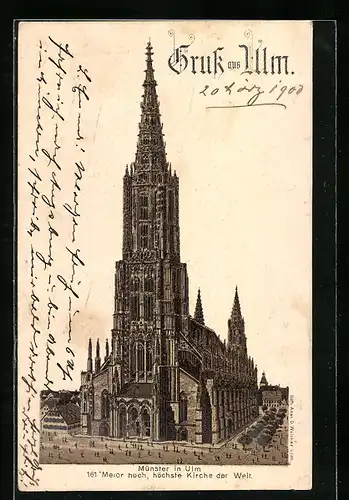 Lithographie Ulm, Blick auf den Münster