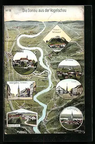 AK Winzer, Ortsansicht mit Burg, Landkarte der Donau