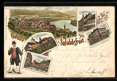 Lithographie Waldshut, Geschäftshaus von H. Zimmermann, Rathaus, Oberes Tor und Katholische Kirche