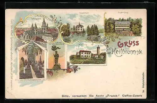 Lithographie Heilbronn a. N., Trappensee, Jägerhaus, Wartberg, Kilianskirche