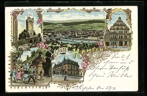 Lithographie Hameln, Klütthurm, Rattenfänger-Haus, Hotel Monopol