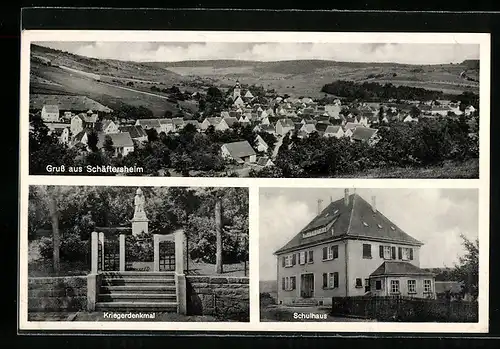 AK Schäftersheim, Kriegerdenkmal, Schulhaus, Totalansicht