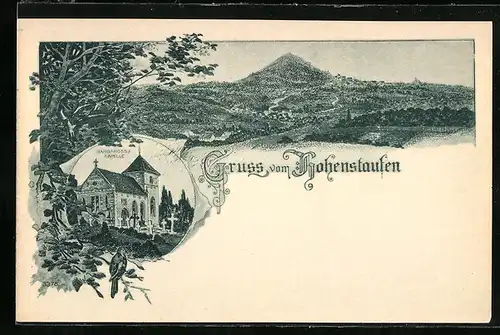 Lithographie Hohenstaufen, Barbarossa Kapelle, Totalansicht