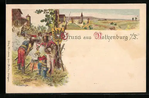 Lithographie Rothenburg a. T., Historische Stadtansicht