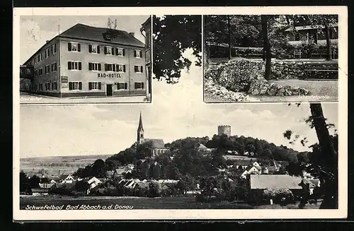 AK Bad Abbach a. d. Donau, Panorama, Bad-Hotel und Schwefelquelle
