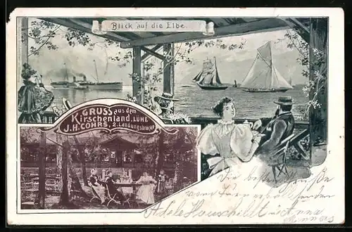 AK Lühe, Gasthaus Kirschenland mit Blick auf die Elbe