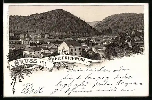 Lithographie Friedrichroda, Totalansicht mit Kirche