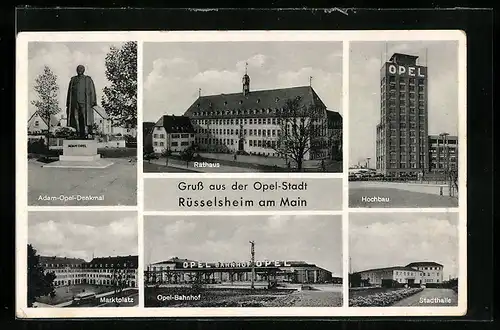 AK Rüsselsheim, Opel Hochhaus, Adam-Opel Denkmal, Opel-Bahnhof, Marktplatz, Stadthalle, Rathaus