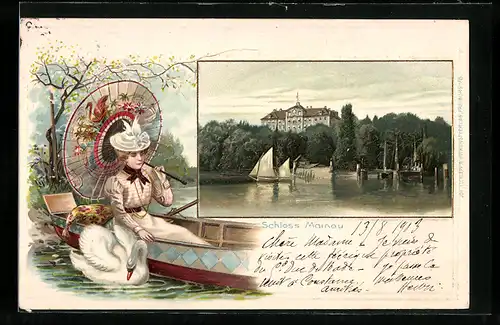 Passepartout-Lithographie Schloss Mainau, Bootspartie, Schwan