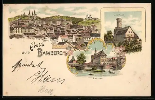Lithographie Bamberg, Teilansicht, Altenburg, Rathaus