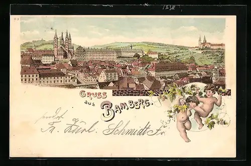 Lithographie Bamberg, Stadtansicht mit Dom und Umgebung