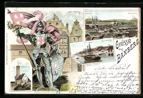 Lithographie Bamberg, Ortsansicht mit Dom, Ritter mit Stadtwappen, Klein Venedig