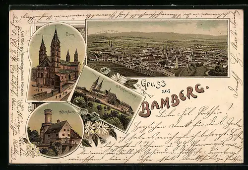 Lithographie Bamberg, Dom, Michaelsberg, Altenburg, Gesamtansicht