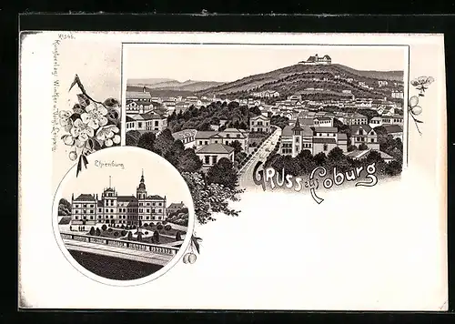 Lithographie Coburg, Stadtansicht aus der Vogelschau, Ehrenburg