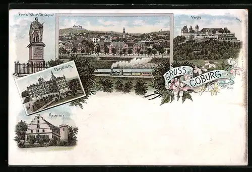 Lithographie Coburg, Totalansicht, Ehrenburg, Festung, Rosenau & Prinz Albert-Denkmal