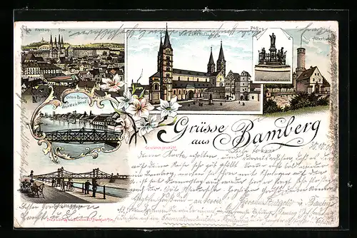 Lithographie Bamberg, Dom und alte Hofhaltung, Altenburg, Stadtansicht, Untere Brücke, Ansicht a la Venedig