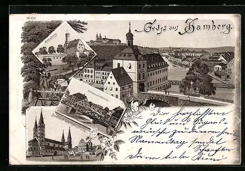 Lithographie Bamberg, Geierswörthbrücke, Dom & alte Hofhaltung, Altenburg, Teilansicht