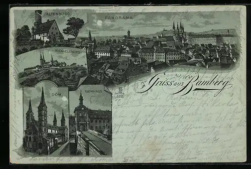 Lithographie Bamberg, Totalansicht, Altenburg, Michaelsberg & Dom