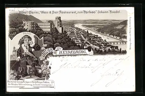Vorläufer-Lithographie Heidelberg, 1893, Hotel-Restaurant zum Perkeo von J. Roedel, Zwerg Perkeo, Panorama