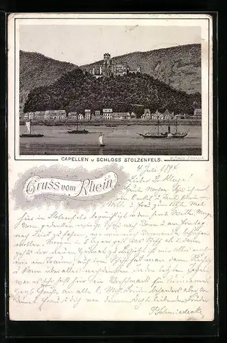 Vorläufer-Lithographie Capellen, 1894, Ort mit Schloss Stolzenfels vom Rhein betrachtet