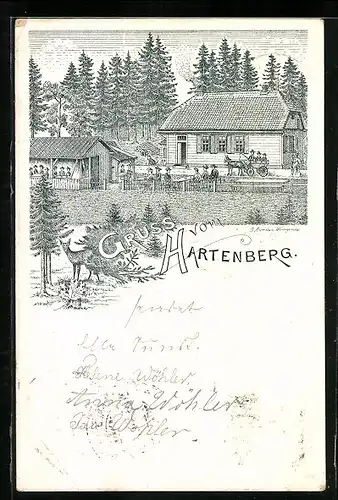 Vorläufer-Lithographie Hartenberg, 1894, Gasthaus mit Garten, davor eine Kutsche, Reh im Wald