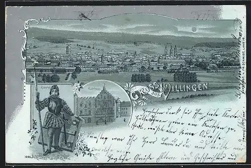 Mondschein-Lithographie Villingen, Teilansicht, Rathaus, Romeius