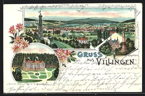 Lithographie Villingen, Kriegerdenkmal, Waldhotel, Totalansicht