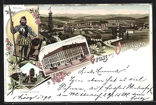 Lithographie Villingen, Hotel Blume, Kriegerdenkmal, Romeius