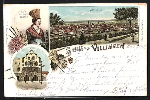 Lithographie Villingen, Teilansicht, Altes Rathaus, Alte Villinger Tracht