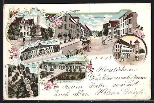 Lithographie Villingen, Ruine Kürneck, Bahnhof, Post und Kriegerdenkmal