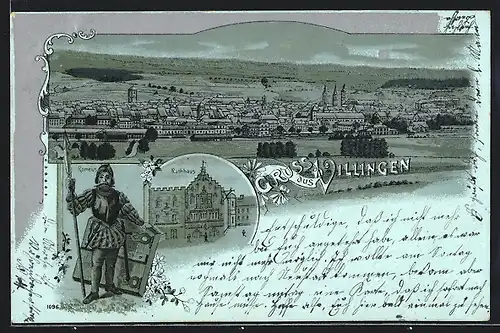 Lithographie Villingen, Rathaus, Romeius und Totale