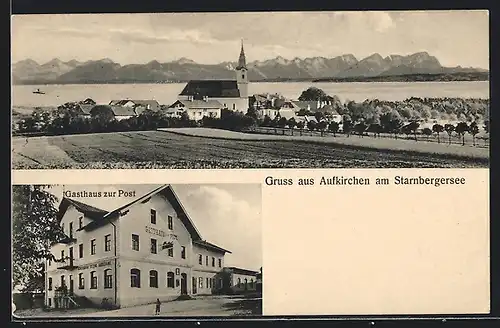 AK Aufkirchen am Starnbergersee, Gasthaus zur Post, Ortspartie mit Kirche