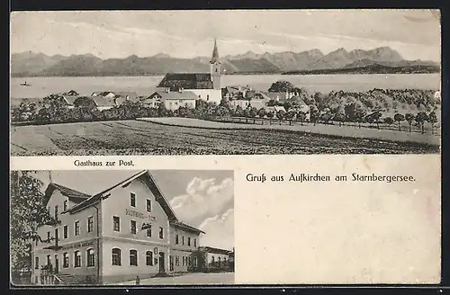 AK Aufkirchen am Starnbergersee, Gasthaus zur Post, Ortspartie mit Kirche