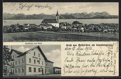 AK Aufkirchen am Starnbergersee, Gasthaus zur Post, Ortspartie mit Kirche