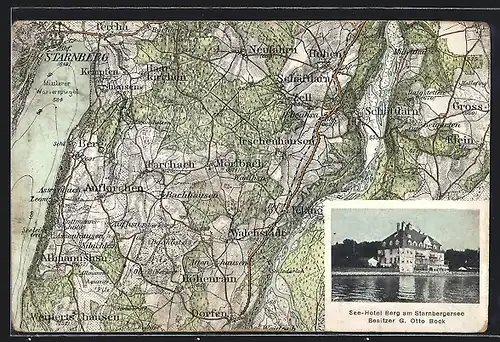 AK Berg am Starnbergersee, See-Hotel, Landkarte mit Bachhausen, Schäftlarn und Höhenrain
