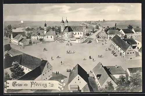 Künstler-AK sign. Hans Pernat: Pföring a. D., Marktplatz mit Kirche und Strassenpartie