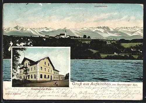 AK Aufkirchen /Starnberger See, Gesamtansicht mit Benediktinerwand, Gasthof zur Post