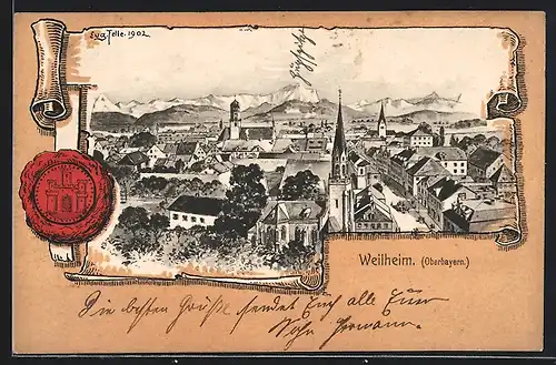 Künstler-AK Eugen Felle: Weilheim /Obb., Ortsansicht mit Bergpanorama auf Schriftrolle mit Siegel