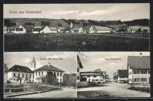 AK Niederdorf, Kirche mit Pfarrhof, Strassenpartie, Ortspanorama