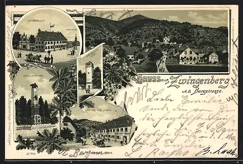 Lithographie Zwingenberg /Bergstrasse, Gasthof zum Löwen, Amtsgericht, Ortsansicht, Kriegerdenkmal