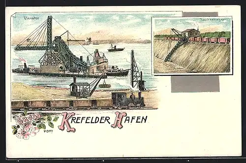 Lithographie Krefeld, Blick auf den Hafen, Trockenbagger