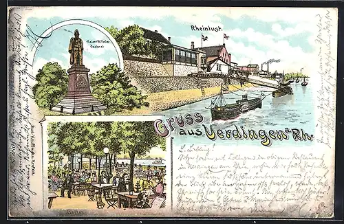 Lithographie Uerdingen, Gasthaus Rheinlust mit Garten und Rheinufer, Kaiser-Wilhelm-Denkmal
